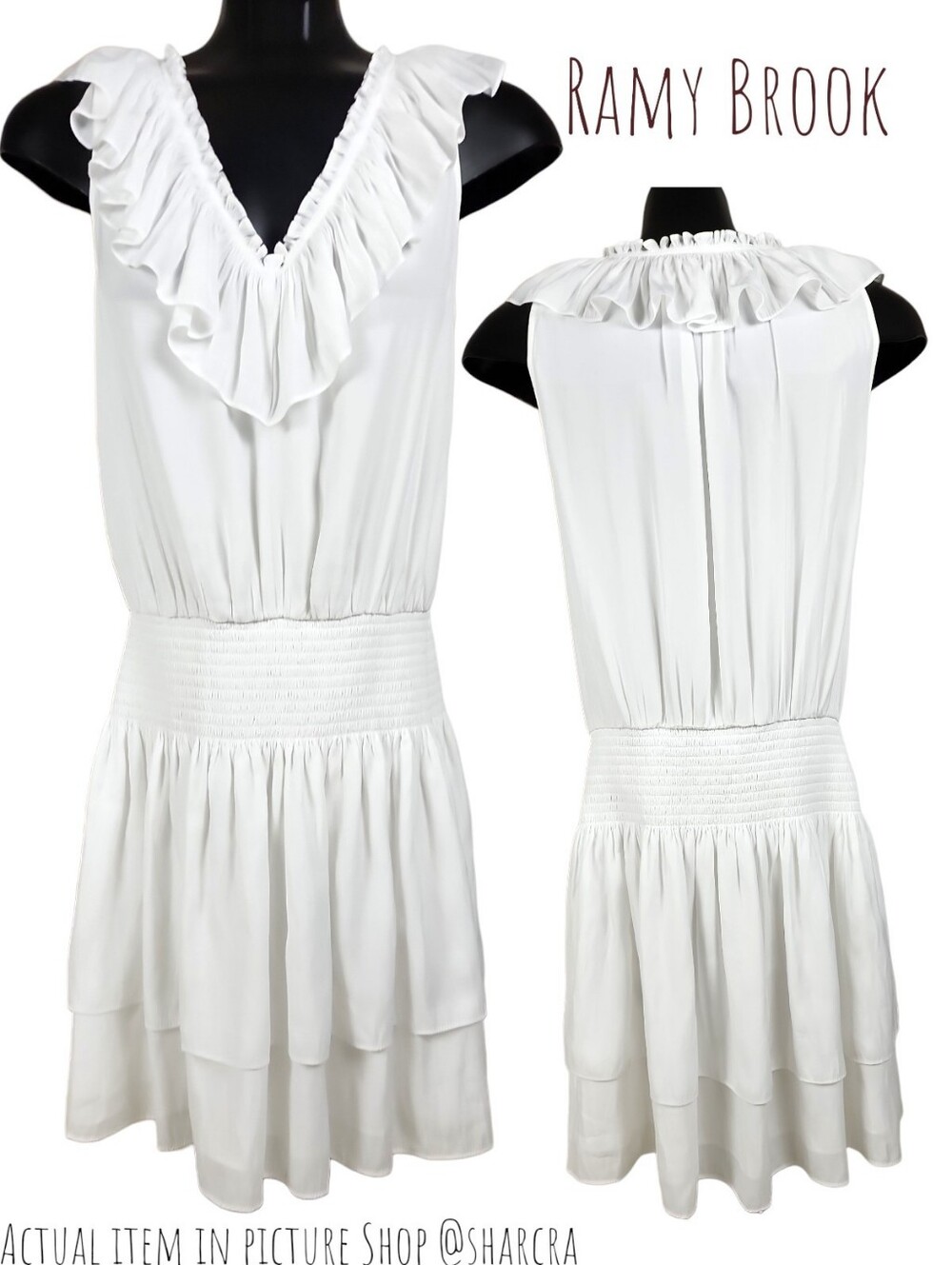 Ramy Brook Women's Ruffle V-Neck Smocked tiered ruffle Hem White Mini Dress S